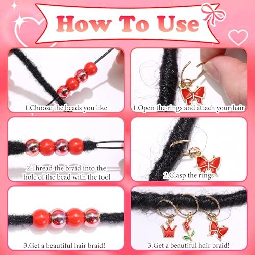 NAISKA 50PCS Red Hair Jewelry for Braids Cute Hair Beads Flower Heart Hair Charms for Girls 7 Styles Dreadlock Jewelry Loc Beads Valentine's Day Hair Accessories for Kids Girls - Image 6