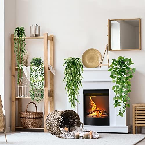 Sggvecsy Fake Hanging Plants 6 Pack Artificial Hanging Eucalyptus Plants Potted Greenery Faux Mandala Vine String of Pearls Boston Fern Ivy Vine Leaves Pea Pod for Home Indoor Outdoor Shelf Wall Decor - Image 2