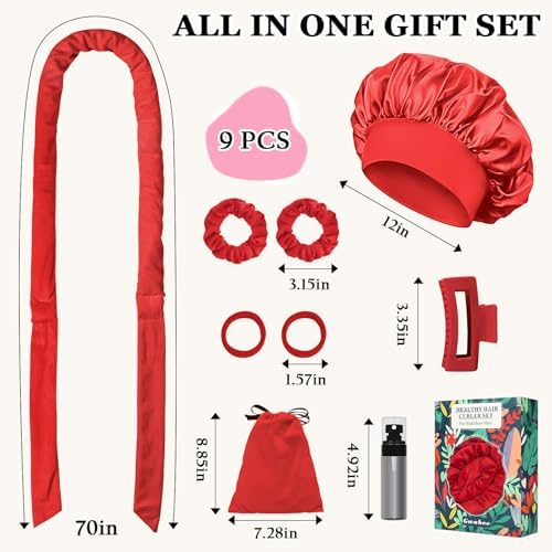 Gwabee Heatless Curls Overnight Hair Curlers to Sleep In, 9 PCS Velvet Heatless Hair Curler Overnight Curls for Women Long Medium Hair Volumes, Heatless Curling Waves Set with Sleep Bonnet - Red - Image 5