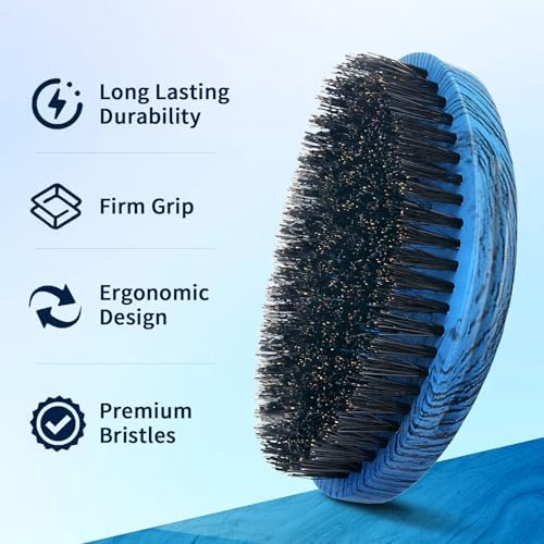360 Curved Wave Brush For Men & Beard - Medium Hard Palm Wave Hair Brushes Wave Styler Great for Wolfing - Made with Beech Mix Boar & Nylon Bristle Brush for Barbers & Daily Use Black Hair (Blue) - Image 3