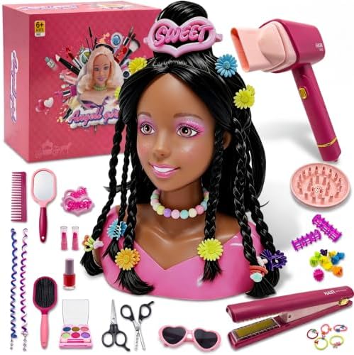 36Pcs Doll Head for Hair Styling Kids, Hair Salon Toy with Realistic Dryer, Straightener, Pretend Makeup Kit & Accessories, Birthday Gifts for Girls 3-8 by Unknown