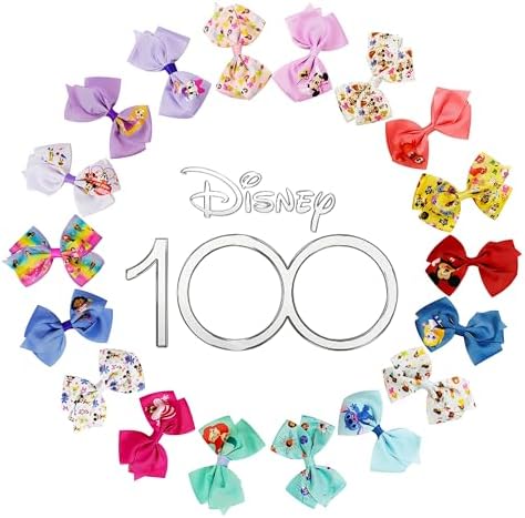 Disney 100th Anniversary Special Hair Accessory for Girls|18pc Disney Hair Bow Clips Featuring Favorite Characters with a String Bag Bow Holder with hanger. For all occasions & ages 3+ by LUVHERKIDS