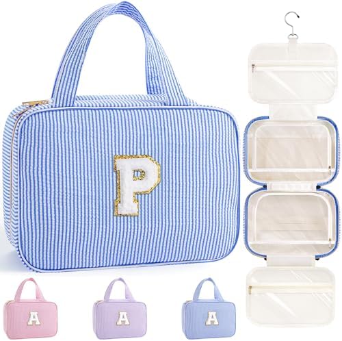 TOPEAST Hanging Toiletry Bag for Women - Travel Initial Toiletry Bag, Portable Toiletries Makeup Pouch, Airplane Travel Essentials - Letter P, Blue by TOPEAST