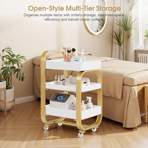 BarberPub 3-Tier Salon Trolley Cart with Locking Wheels Gold 2085 - Image 5