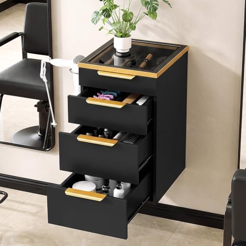 OmySalon Salon Station, Wall Mount Salon Stations for Hair Stylist, Barber Cabinet with Glass Top, Drawers & Dryer Holder, Storage Furniture for Barbershop, Beauty SPA, Black by OmySalon