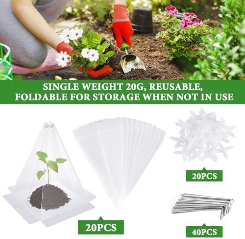 Reusable Plastic Garden Cloches, 7.8" x 11" Mini Greenhouse, 1.2mm Thick Clear Bell Covers with Metal Stakes Against Sun, Frost, Snails, Plant Protector (20pcs-Clear) - Image 6