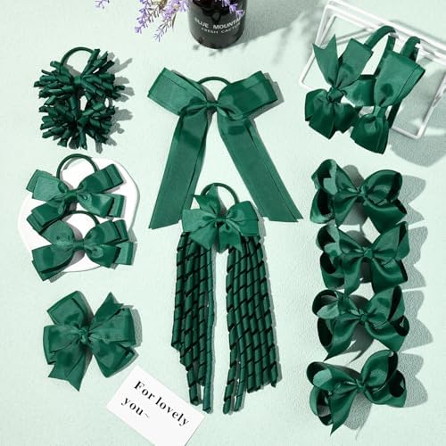 DEEKA Dark Green School Hair Accessories Set 13 Pcs Uniform Hair Bow Headband Clips Hair Ties Curly Korker Bows for Little Toddler School Girls (Dark Green) - Image 5