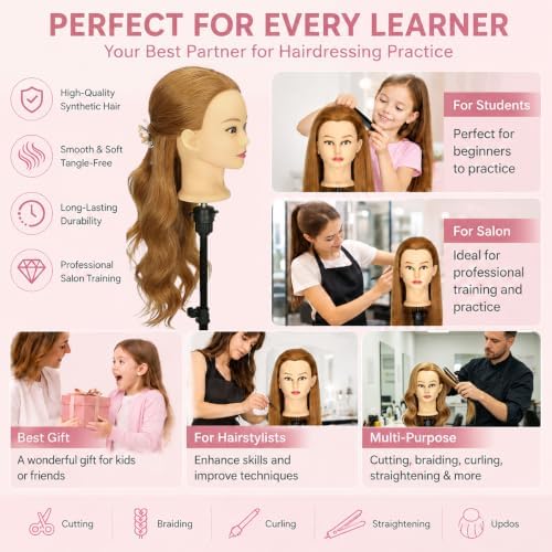 80% Human Hair Mannequin Head 26 Inch #27 Honey Blonde - Cosmetology Doll Head for Hair Styling Braiding Practice Cutting Heat Resistance, Hairdresser Training Head with Clamp - Image 6