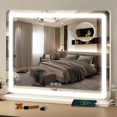 FENNIO 23" x 18" Vanity Mirror with Lights, LED Makeup Mirror, Hollywood Mirror with 3 Color Modes & Adjustable Brightness, Vanity Mirror White by FENNIOLEDMIRRORS