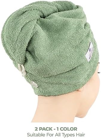 American Soft Linen 100% Cotton Hair Towels for Women, Head Towel Cap, Cotton Hair Turban Towel Wrap for Long Curly Anti Frizz Hair, Soft and Absorbent Cotton Hair Towels 2 Pack, Sage Green - Image 3