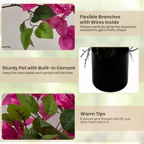 3FT Artificial Bougainvillea Tree – Realistic Faux Bougainvillea Tree with Pink Silk Flowers, Lifelike Artificial Flowering Plant in Pot for Indoor Outdoor Home, Living Room, Porch, Patio Decor - Image 5