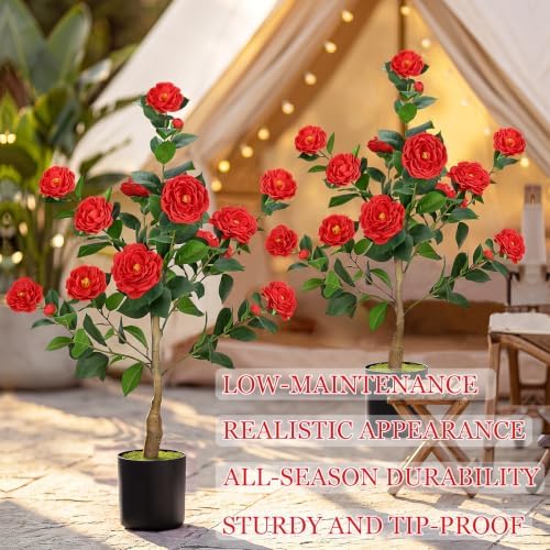 2 Pack 3FT Artificial Camellia Trees with Red Flower for Outdoor - Image 4