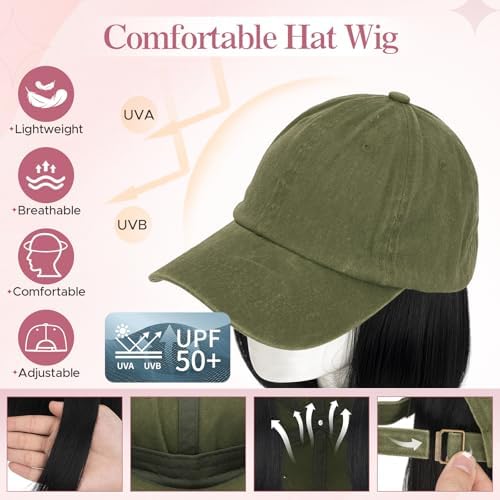 SEGO Unisex Vintage Baseball Cap with Hair Extensions for Women Synthetic Hair Attached Short Straight Hairpiece Olive Green Baseball Cap Wig Adjustable Hat Wigs for Women 6 Inch 1A Black - Image 2