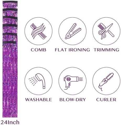 IDN BEAUTY Hair Tinsel Clip In Purple Sparkle Hair Extensions 24 Inch 6pcs - Image 4
