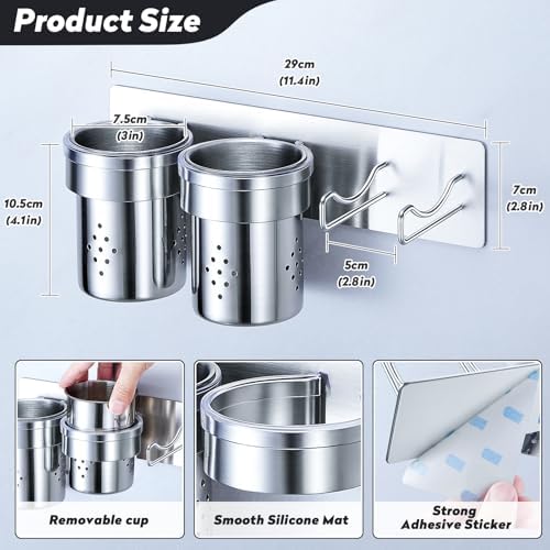 Hair Tools Organizer 5-in-1, Bathroom Hair Dryer Holder Wall Mount Adhesive, Hot Tools Holder Storage Metal with 2 Removable Cups, Blow Dryer Holder for Flat-Curling Iron, Brushes(Silver) - Image 5