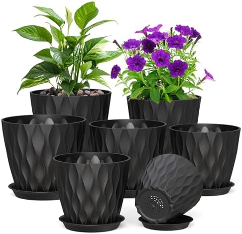 Meowell 7/6.5/6/5.5/5/4.5/4 inch Plant Pots for Indoor Outdoor Plants, 7 Pack Thick Flower Pots with Drainage Holes and Saucers, Modern Wave Texture Plastic Planter Pots for Nursery, Succulent, Black by Meowell