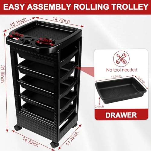 Roixeeds Salon Trolley Cart with Wheels and 5 Drawers, Salon Rolling Cart for Hair Stylist - Image 2
