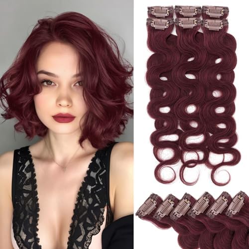 Rich Choices Short Clip In Hair Extension Real Human Hair-Wave/Curled 6 Pcs Single Clip Hairs Extension for Women-100% Remy Hairs Mini Clip ins Hairpieces for Thin Hairs-14 Inches #99J Burgundy Red by RichChoices