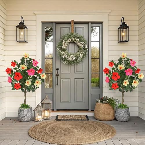 Briful 47" Artificial Hibiscus Tree with 3 Colors Flowers, Fake Tropical Plant in Pot, Tall Faux Flower Tree for Indoor Outdoor Decor, Realistic Silk Hibiscus & Braided Trunk, Potted Home Office Patio - Image 2