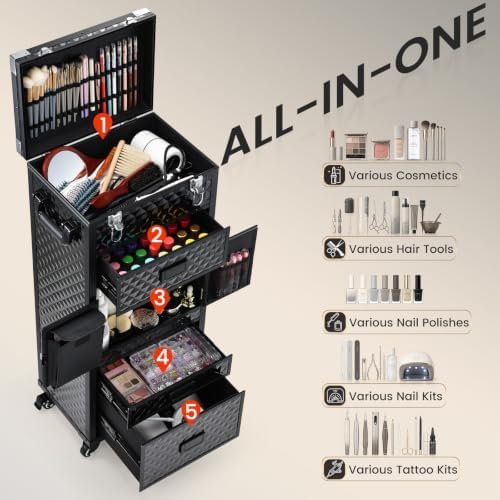 Rolling Makeup Case Salon Cart 5-In-1 Cosmetology Case on Wheels 3 Drawers - Image 2