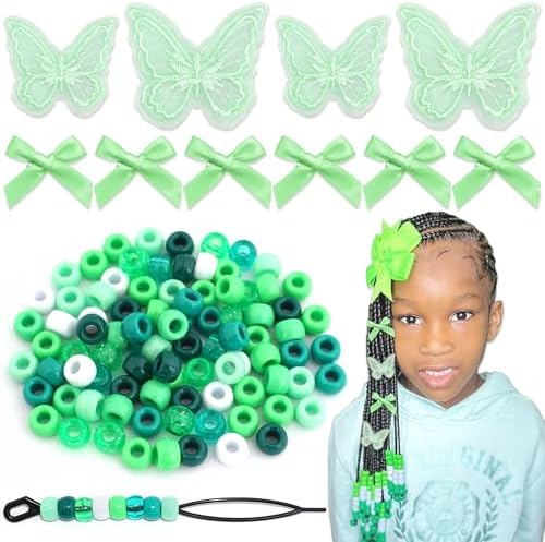 100PCS Hair Beads Green Mini Bow Clips Lace Embroidery Butterfly Hair Clips Acrylic Gradient Pony Beads Cute Loc Hair Accessories for Girls Kids by Arocooy