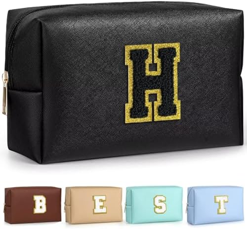 TOPEAST Preppy Bag, Monogrammed Makeup Bags with Zipper, Cute Makeup Pouch, Initial Birthday Gifts Bag for Daughter Friends Sister, Preppy Things for Girls (Black H) by TOPEAST