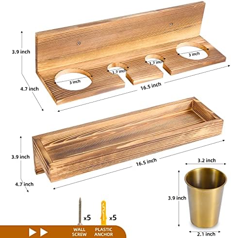 UPTRUST Wall Mount Hair Tool Organizer, Set of 2 Layer Rustic Wooden Dryer Holder Rack, Product Organizer Tray for Dryer with 4 Hooks - Image 2
