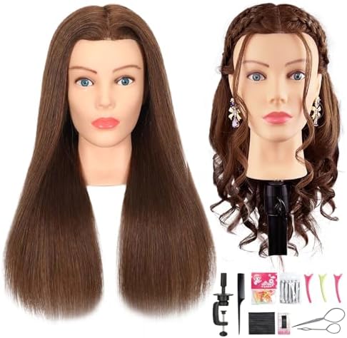 Mannequin Head Human Hair - Cosmetology Manikin Doll Head with 100% Real Hair for Hairdresser Practice Styling Braiding & Free Clamp Holder (Dark Brown) by Firstwon