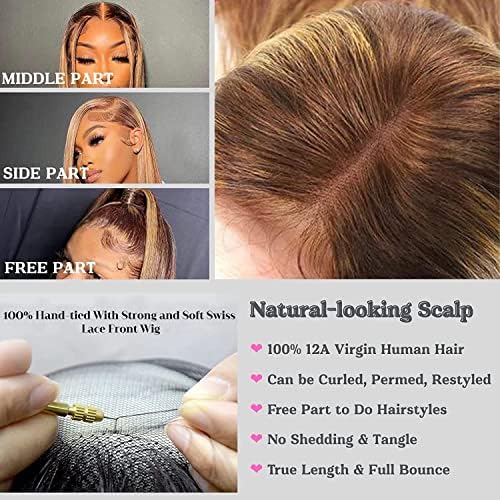 ALHER Small Cap Lace Front Wigs Human Hair 30 IN #4/27 Honey Blonde Highlight Straight 13X4 Lace Frontal Wig With Baby Hair 200% Density, Small Cap 21-21.5 Balayage Piano Colored Wig for Black Women - Image 5
