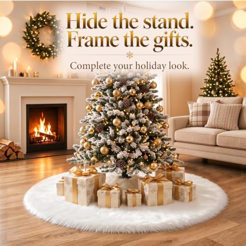 48 Inch White Christmas Tree Skirt, Soft Faux Wool Tree Base Cover - Image 4