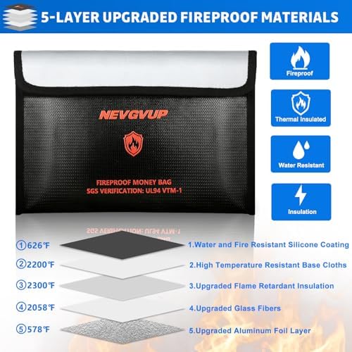 4200°F Fireproof Money Bag - Upgraded Heat Insulated, 9.8 x 6.5" Small Fireproof Document Bags with Waterproof Zipper, fire Water Proof Safe Pouch Set for Valuables, Fireproof Edging, Fire Bag 2packs - Image 3