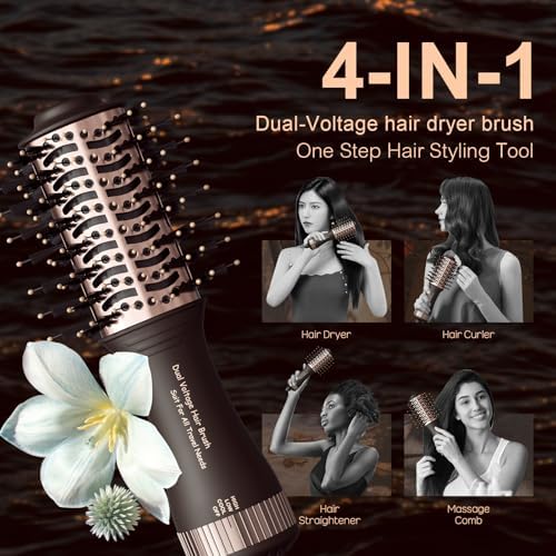 Travel Dual Voltage Hair Dryer Brush 4-in- 1,Portable Mini Hot Air Blow Dryer Straightener & Curler Brush,Titanium Oval Blowout Styler Volumizer Tools-Dark Chocolate - Image 4