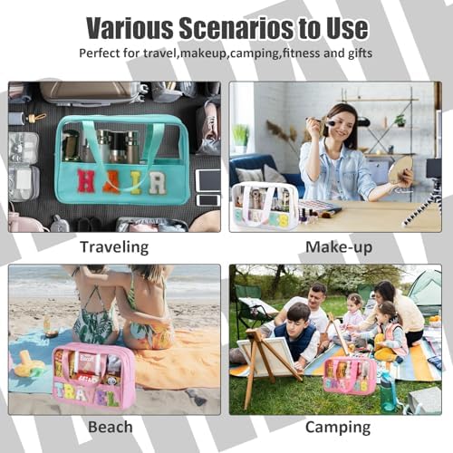 BuyCard Chenille Letter Clear Snack Bags Makeup bag, Preppy Cosmetic Bag, Nylon & PVC Waterproof Travel Pouch with Zipper & Handle, Large Capacity Toiletry Organizer Bag for Women & Girls (White) - Image 4