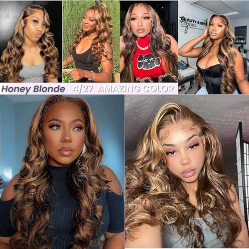 ALHER Honey Blonde Highlight Small Cap Lace Front Wigs Human Hair #4/27 Balayage Body Wave 13X4 Lace Frontal Wigs With Baby Hair 150% Density 18 IN - Image 6