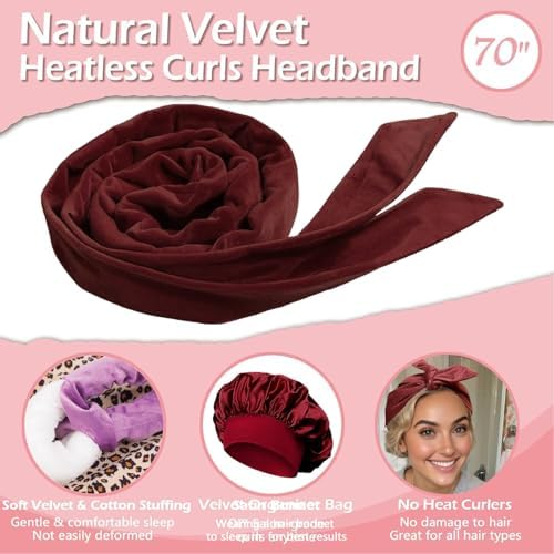 Heatless Curls Overnight Headband, 70'' No Heat Hair Curlers with Hair Bonnet for Sleeping, Wine Red - Image 5