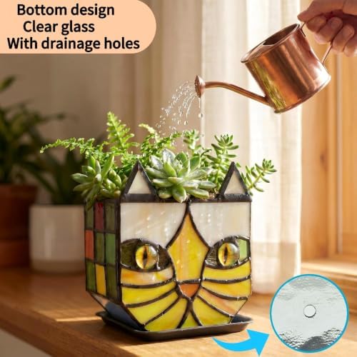 Tiffany Stained Glass Orange Cat Flower Pot,Handmade Cute Pots for Plants, Room and Office Decoration Glass Container Storage,Indoor Plant Pots with Drainage,Plant Gifts 4.6x3x5.15 in - Image 6