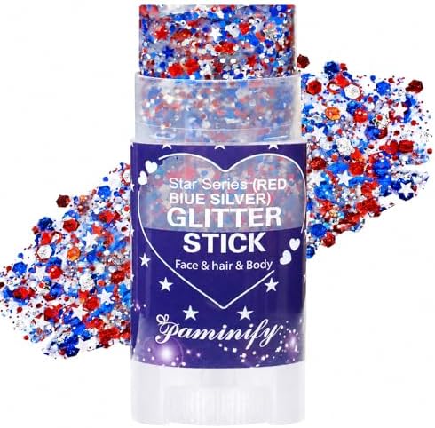 Red White Blue Hair Glitter Stick,4th of July Patriotic America Flag Star Face Body Glitter,Independence Day Fourth of July Outfits for Women,Waterproof Cheer Glitter Makeup by PaminifyBeautyMakeup