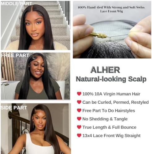 ALHER Small Cap Lace Front Wigs Human Hair Pre Plucked Straight 30 Inch, 13X4 Transparent Lace Frontal Wigs With Baby Hair 200% Density for Black Women, 12A Small Cap Size 21-21.5 Natural Black Wig - Image 4