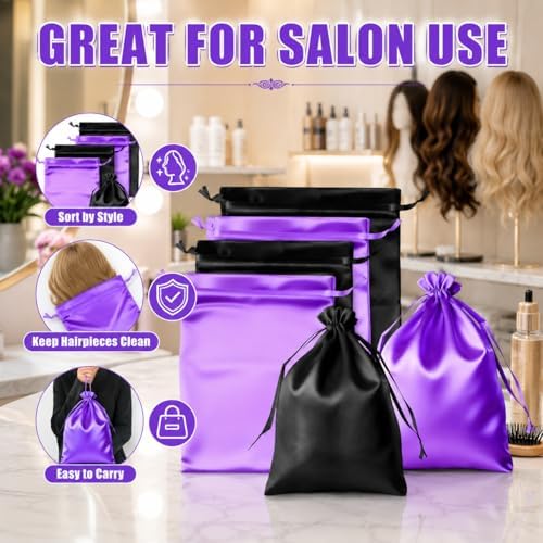 4-Pack Satin Wig Bags with Drawstrings, Purple & Black Storage Pouches Silk Hair Storage Bags for Multiple Wigs, Hair Extensions, Weave Bundles, and Braids, Gift & Travel Bag Storage Sacks - Image 3