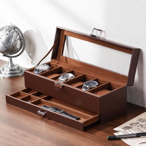 Lolalet Watch Case for Men, 6 Slot Watch Display Case with Clear Glass Lid, 2-Layer Mens Watch Box Watch Holder, 6 Watch Box Organizer, Watch Storage Case With Drawer -Espresso - Image 4