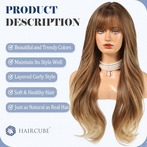 HAIRCUBE Long Ombre Brown Wig with Bangs Layered Curly Wigs for Women Natural Synthetic Wigs for Daily Use (pelucas de cabello natural) - Image 3