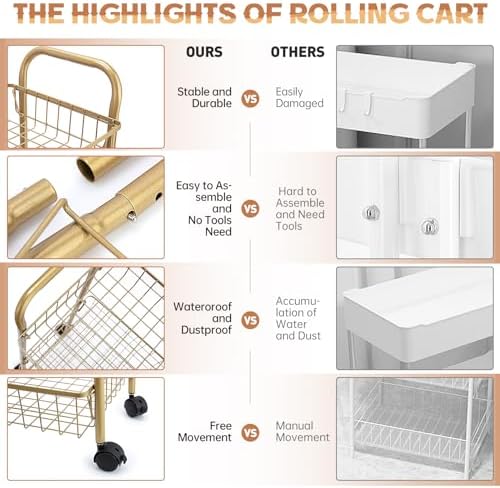 3 Tier Mesh Rolling Utility Cart, Gold Metal Organization Cart with Lockable Wheels, Multifunctional Storage Trolley Service Cart for Kitchen Living Room Office Salon - Image 4