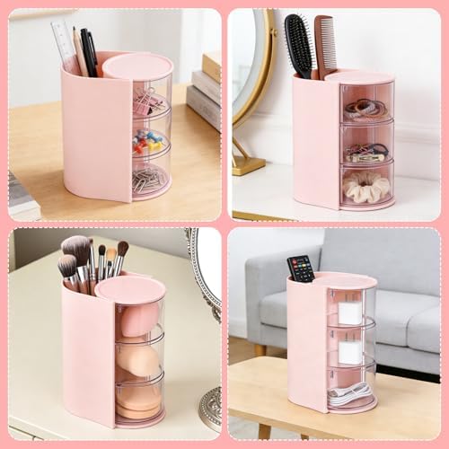 3-Tier Rotating Hair Accessories Organizer, 360° Spinning Storage Stand for Makeup Brushes and Jewelry, Compact Vanity Display Case for Girls, Holds Hair Clips, Earrings, Rings, Bracelets(Pink) - Image 5