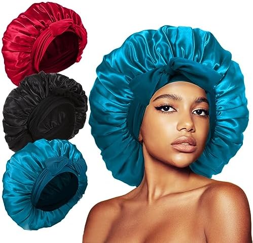 3Pcs Bonnets for Sleeping, Extra Satin Silk Bonnet for Sleeping Women with Tie Band for Curly Hair Jumbo Bonnet Braids by KAFTERI