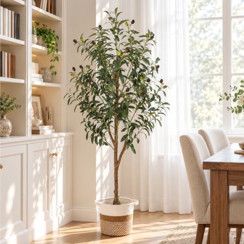4FT Artificial Olive Tree Indoor Tall Faux with Planter & Basket Large Fake Olive Silk Trees Realistic Olive Plants with Branches and Fruits for Office Decor Home Living Room - Image 2