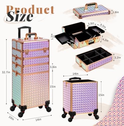 AROUS 5 in 1 Rolling Makeup Train Case with Lid Cosmetology Case on Wheels - Image 3