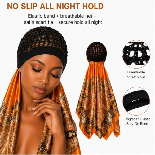 2 in 1 Wrap Cap Hair Net and Scarf for Silk Press, Satin Wrap Cap Bonnet for Women, Adjustable Stay-On Sleep Hair Net Scarf for All Hair Types - Image 2