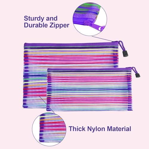Mesh Bags with Zipper (6 Pack), Nylon Makeup Bag Cosmetic Pouches Travel Organizer Case for Purse Diaper Bag Home Organizing Striped Multi Size Purple - Image 4