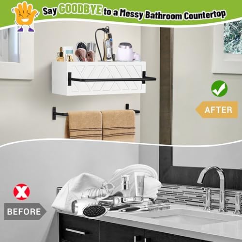 Hair Tool Organizer Wall Mount, Hair Dryer Holder with 2 Towel Bars, Wood Hot Tools Organizer, Rustic Bathroom Organizer Blow Dryer Holder for Bathroom Decor, Flat Iron, Curling Wand, Brushes(White) - Image 5