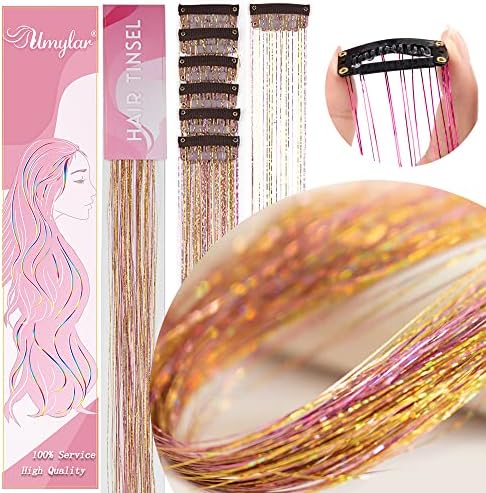 Gold Hair Tinsel Pack of 12 Pcs Glitter Hair Accessories 20 Inch Clip in Hair Tinsel Extensions Fairy Hair Accessories Party Kit for Women Girls(12Pcs,Gold Pink#) - Image 2